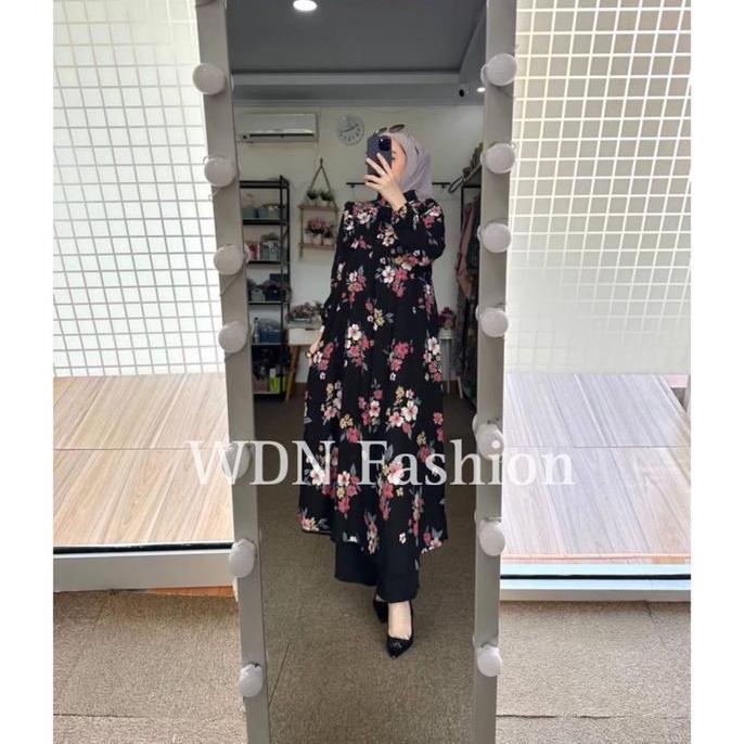 Setelan Midi Katun Delvina Mix Pants / Oneset Setelan Tunik Wanita Rayon Premium Motif Bunga Busui C