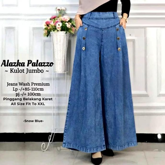 Alazka Palazzo Celana Kulot Jeans Jumbo Wanita Snow Black Bahan Lembut Nyaman Pinggang Karet Jeans W