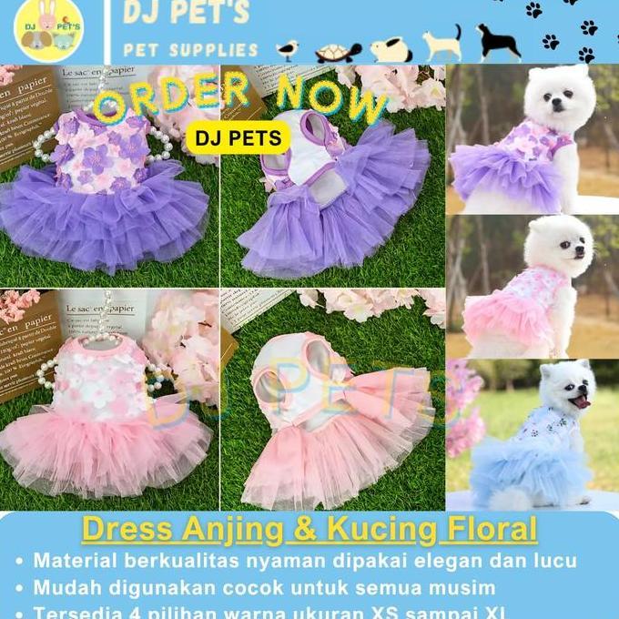 DJ PET'S Baju Anjing dan Kucing Model Dress Gaun Rok Tutu Floral untuk Anabul Betina