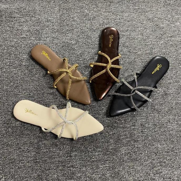 DN13 - [Yellow] Sandal Wanita Flat Ujung Lancip Daily Blink-Blink Teplek Trend Fashion Korean Style 