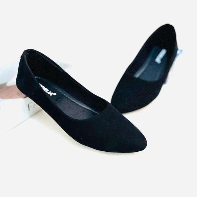 DV235 - Sepatu Wanita-Balet Flat Shoes Polos Kerja Karet Hitam