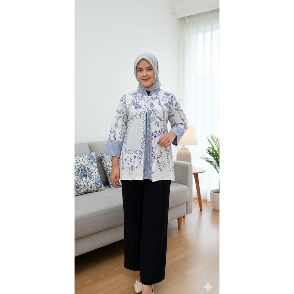 Bergaransi Blouse Batik Kerah Sanghay//Batik Motif Bordir//Seragam Batik Kantor//Atasan Wanita//Bati