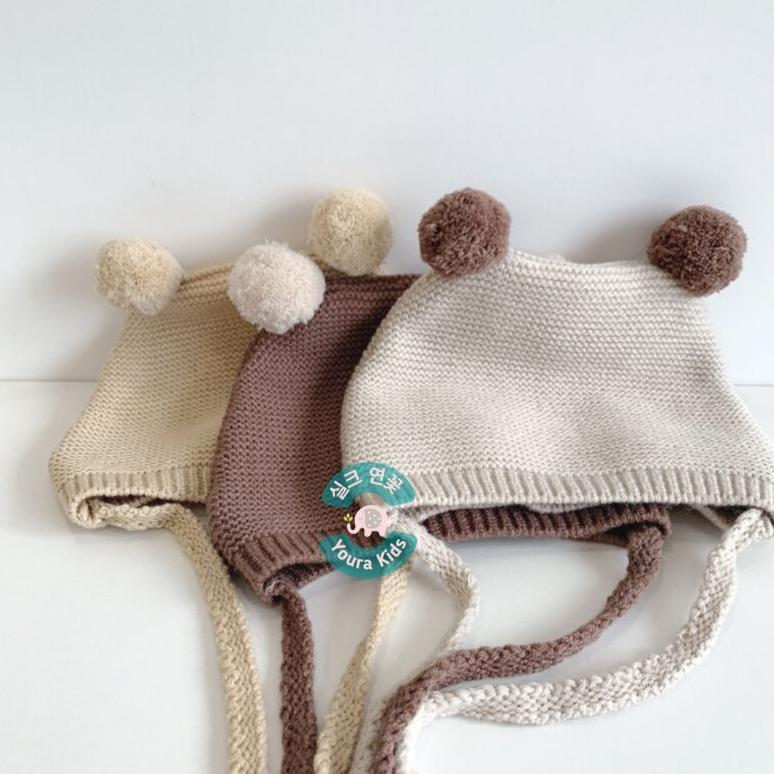 Viral  2 Bln - 2 Thn || Topi Bonnet Rajut Bayi Newborn Batita-Pom Pom Ball-Unisex-Model Korea