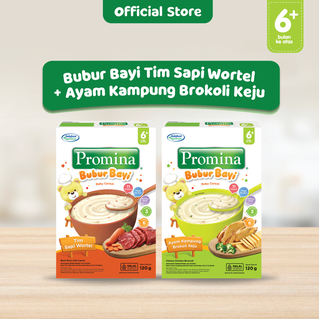 Promina Bubur Bayi 6+ Tim Sapi Wortel Box 120g + Bubur Bayi 6+ Ayam Kampung Brokoli Keju Box 120 g