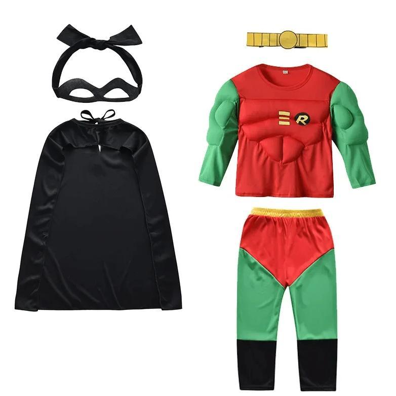 Kids Superhero Nightwing Robin Costume Set Boys Girls Muscle Suit Tops Pants Eye Mask Cloak Children