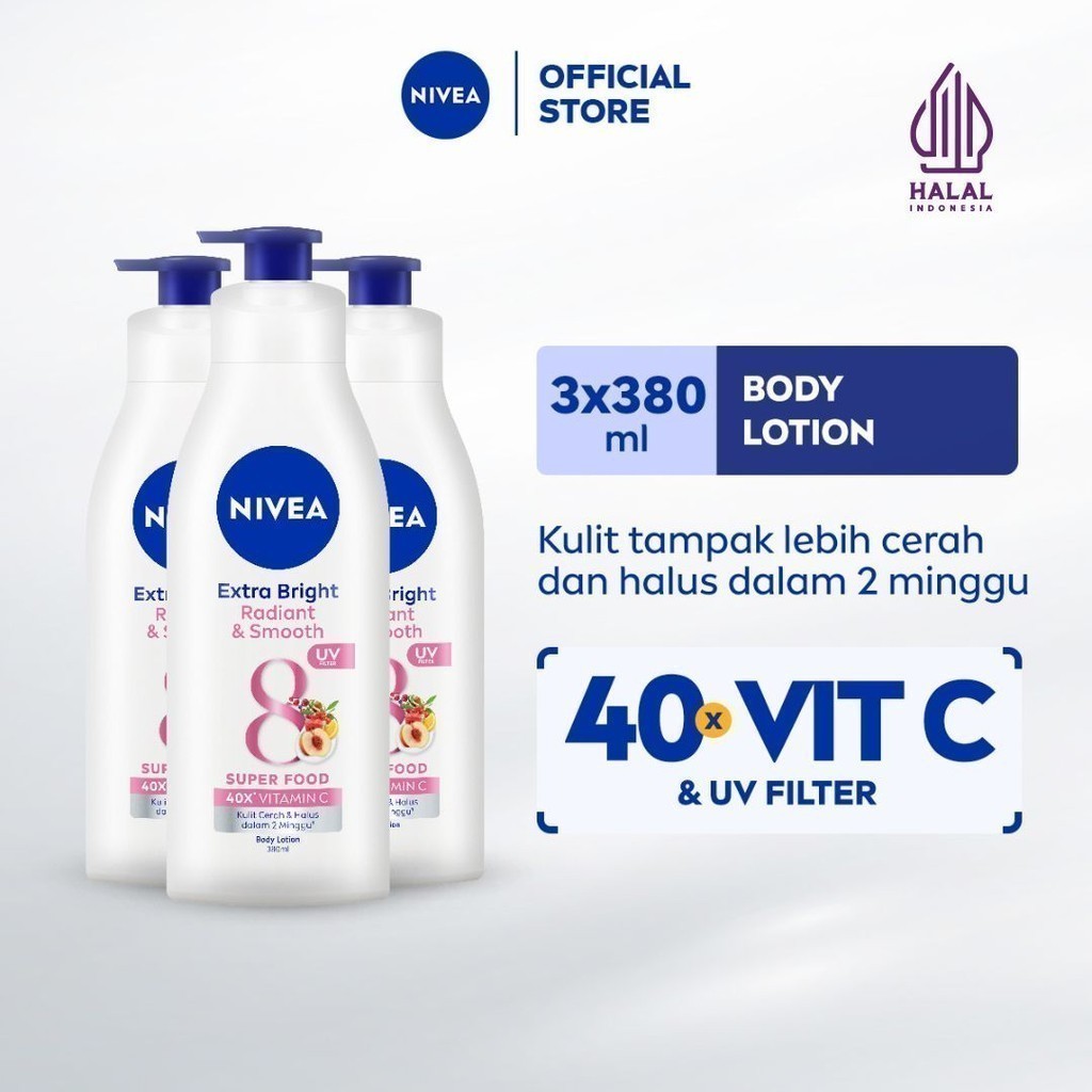 (PAKET HEMAT ISI 3) NIVEA Body Lotion Extra Bright Radiant & Smooth UV Filter 380ml - Hand body loti