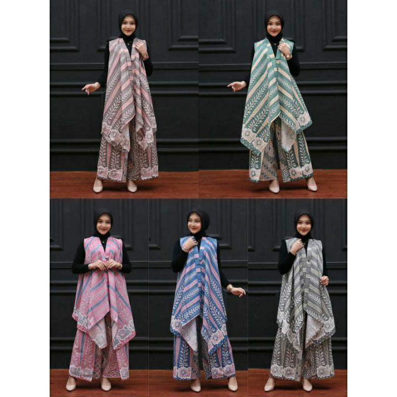 One Set Cardigan Vest Outer Celana Layer Batik Motif Cemara Celana Panjang Wanita Set Premium Cardig