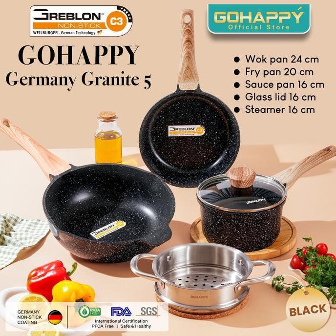 TERBARU - SWISS 5 IN 1 GRANITE SET Panci Wok Sauce fry pan Gohappy like carote