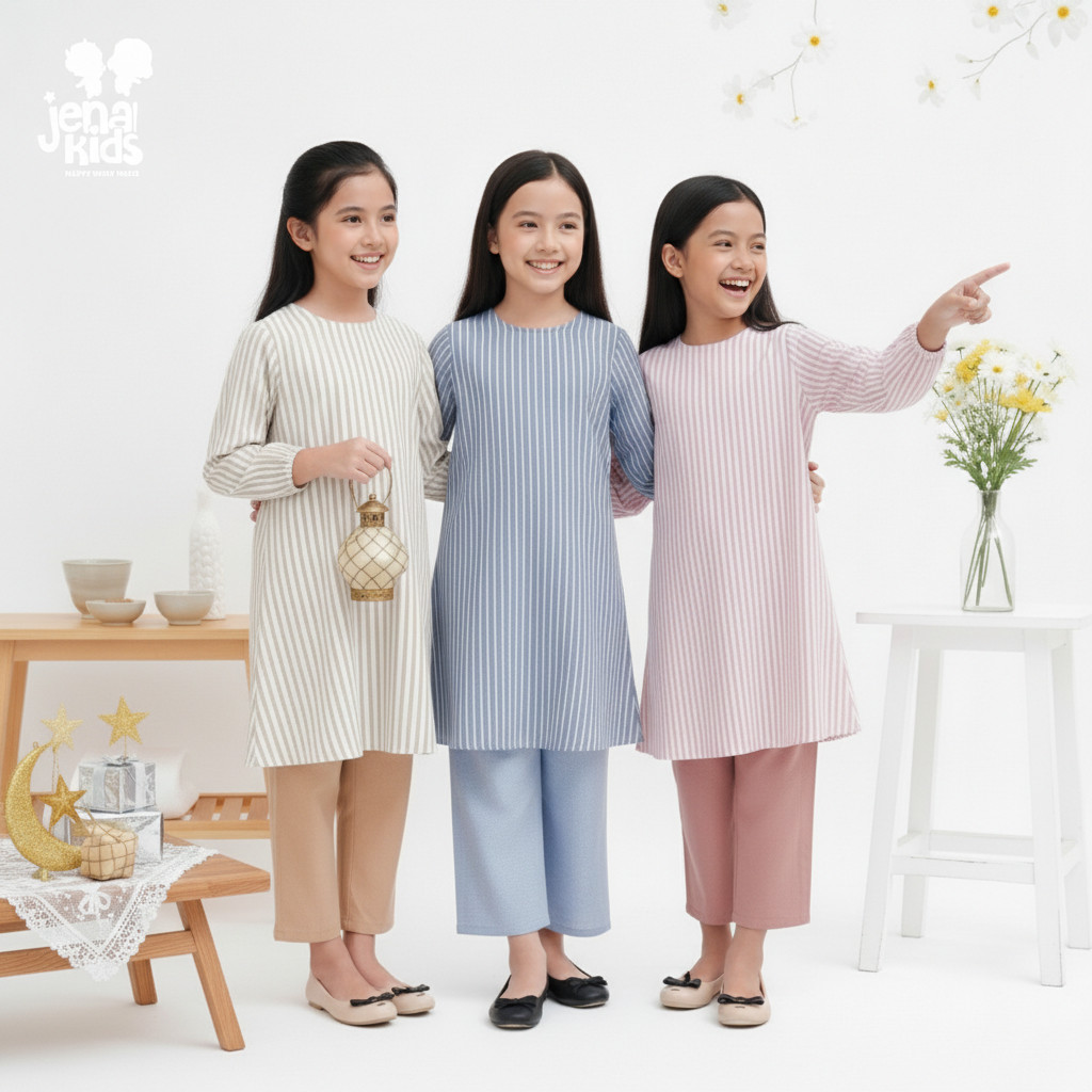 JENAKA KIDS - ADISA One Set Tunik Salur Anak dengan Celana Baggy Pants Bahan Premium Busana Hari Ray