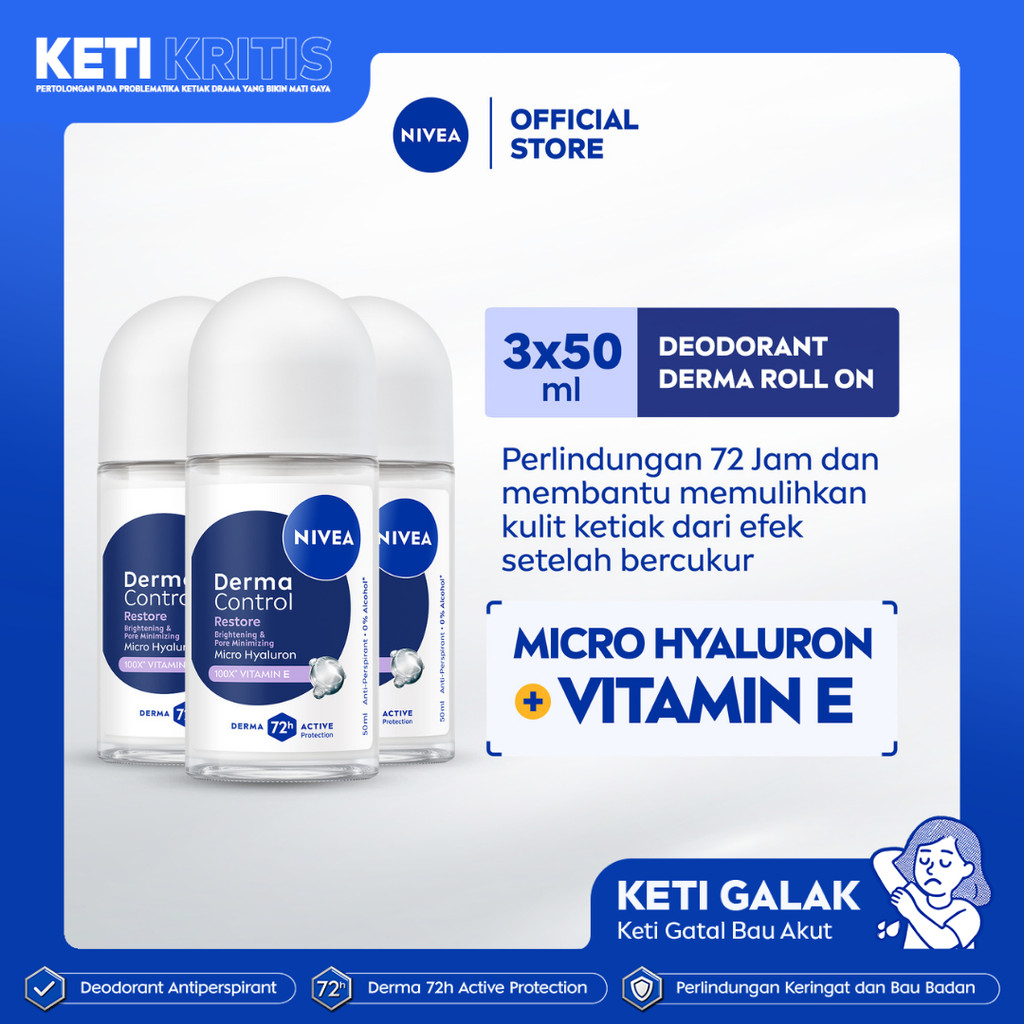 (PAKET HEMAT ISI 3) NIVEA Deodorant Roll On Derma Control Restore 50ml - Deodoran wanita skin barrie