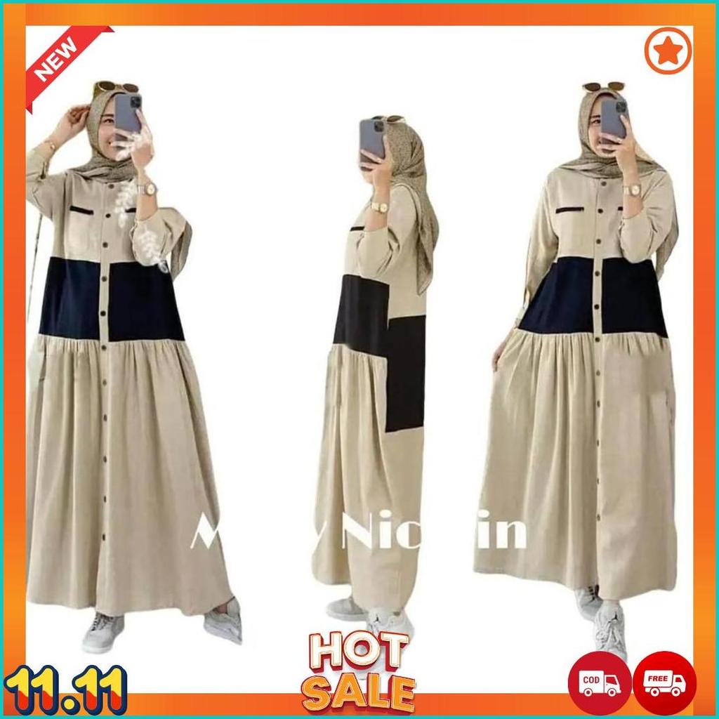 Gamis Perempuan Midi Dress Lebaran Fuul Kancing Tangan Panjang Nicolin Teta Terviral Terbaru Baju Wa