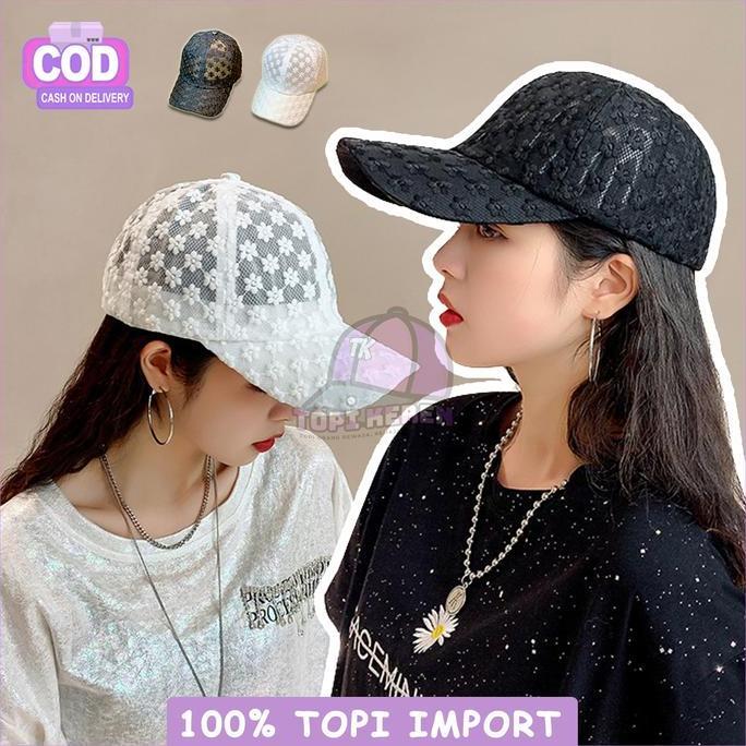 Topi Distro Pria Wanita Outfit Korea Baseball Cap Gaya Jepang Fashion Hitam Putih Casual Aksen Renda