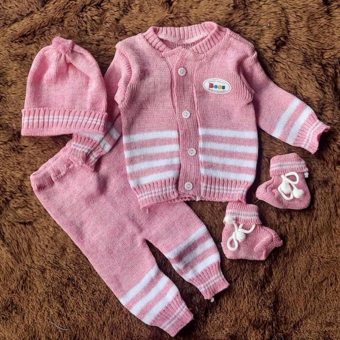 Termurah / Hot Sale Set 4 In 1 Stelan Sweater Rajut Topi Dan Kaos Kaki Bayi Murah Bayi Baru Lahir Sa