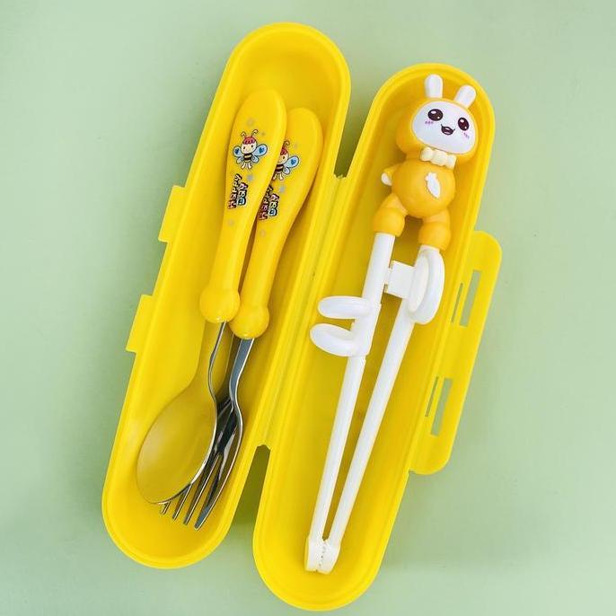 Gasyuk- Set Alat Makan Stainless 4 In 1/ Set Sendok Garpu Sumpit Anak Free Tempat /Sendok Sumpit  La