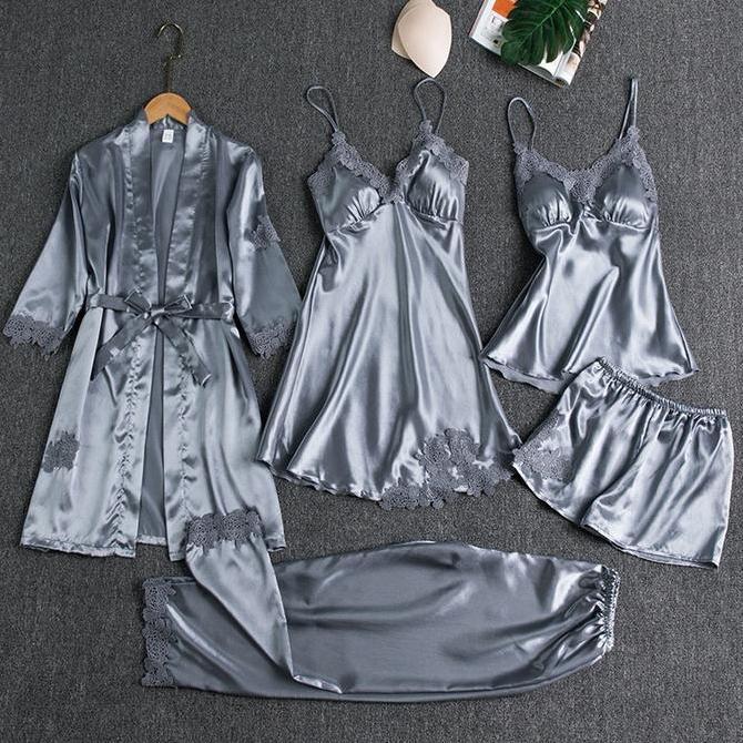 TERLARIS SS Baju Tidur PIYAMA SET SEXY KIMONO 5IN1/BAJU TIDUR SATIN WANITA/BAJU TIDUR SEXY/LINGERIE 