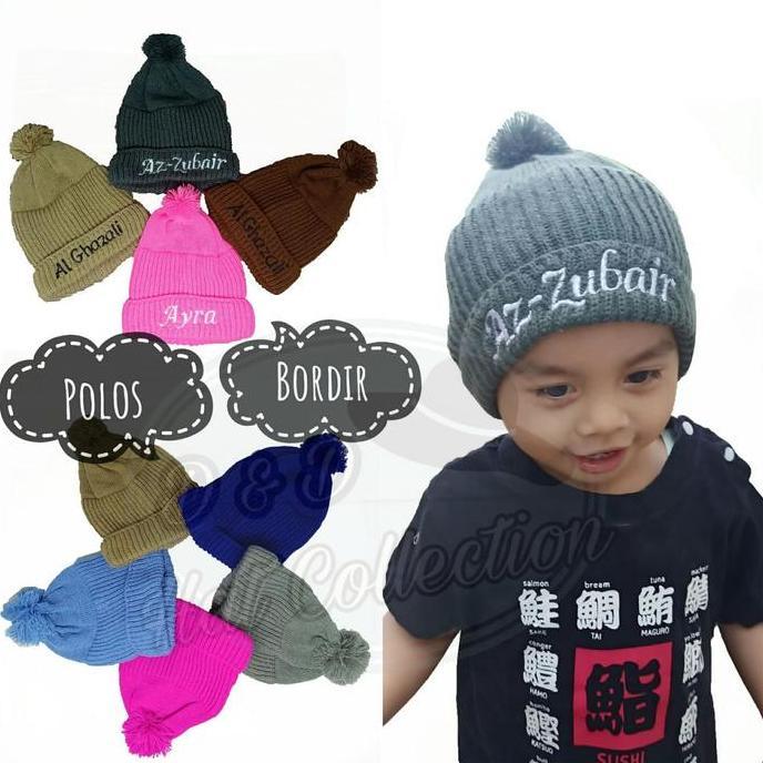 Topi Kupluk Rajut Bordir Nama Bayi Anak Balita Jambul murah