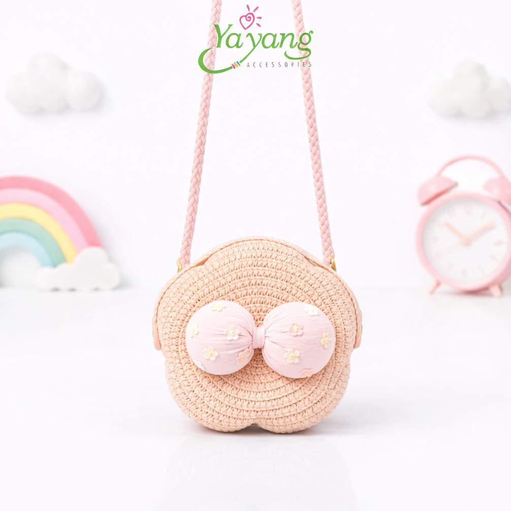 YAYANG Sling Bag Tas Jerami Bentuk Bunga - Tas Selempang Anak Rajut Pita Bunga Lucu Premium