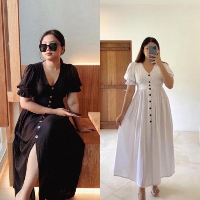 Maxi Dress gaun hitam putih cewek wanita ukuran plus gemuk gendut HS