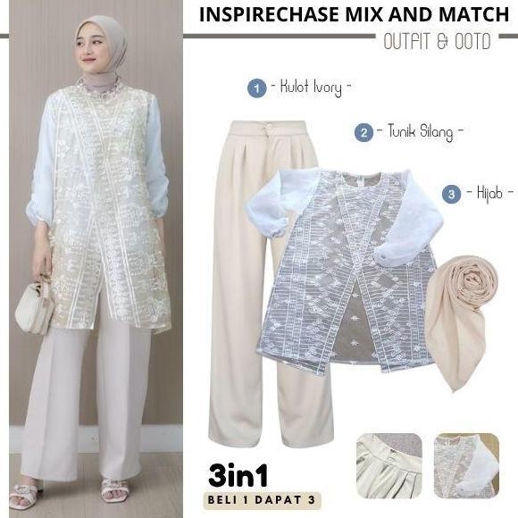 2In1 (Celana Kulot + Outer Brokat) Setelan Wanita Keyra Organza Payet Tunik Brokat Baju Raya, Kondan