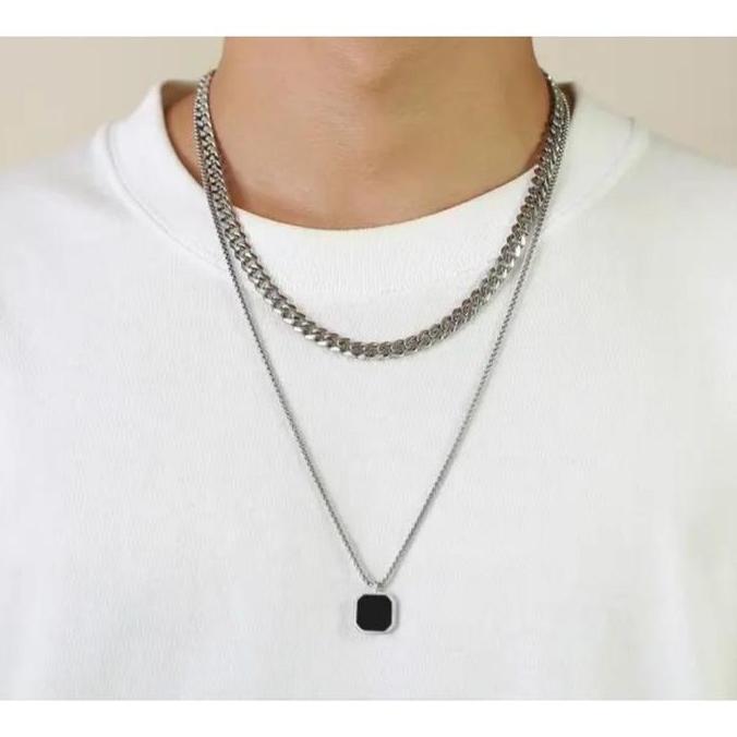 [ DOUBLE LAYER ] Kalung Rantai Titanium Pria Terbaru Model Double Layer Liontion persegi+Kalung rant