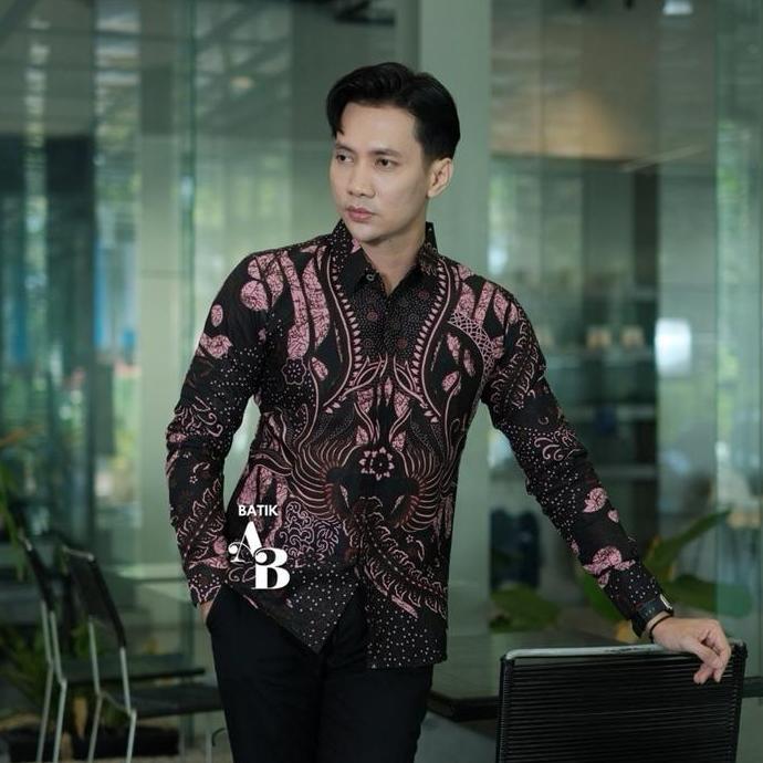 Xxxy- Batik Abidah Bassamah Kemeja Premium Slimfit Lapis Furing Warna Pink Hitam Motif Sultan Bahan 