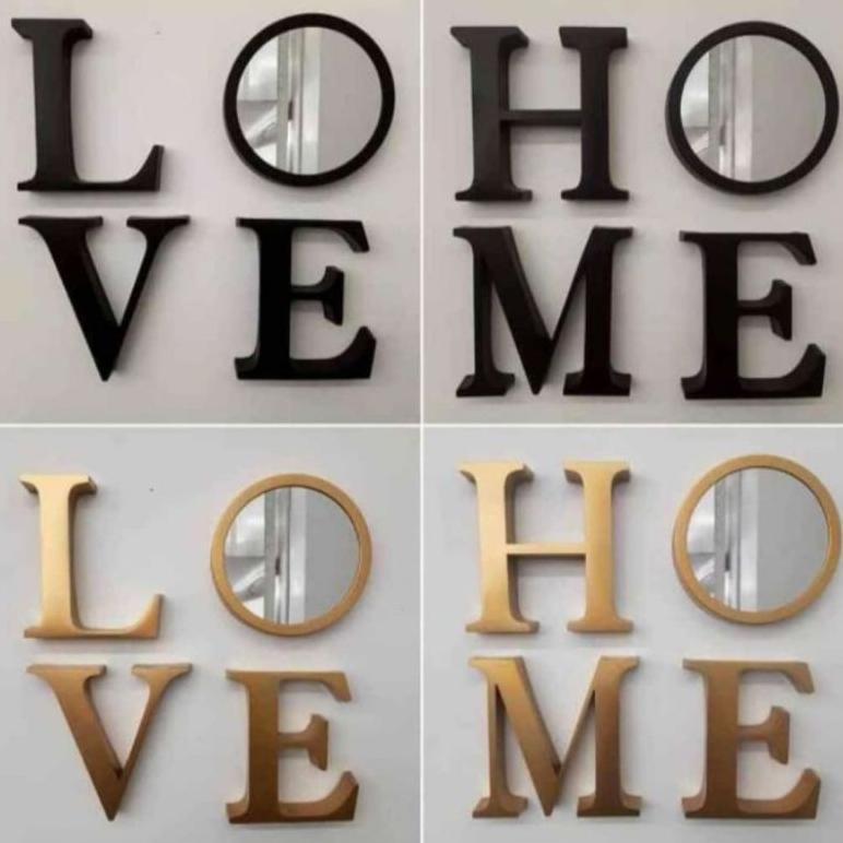 Hiasan Dinding Love & Home, Cermin/ Jam Set 4 Pcs