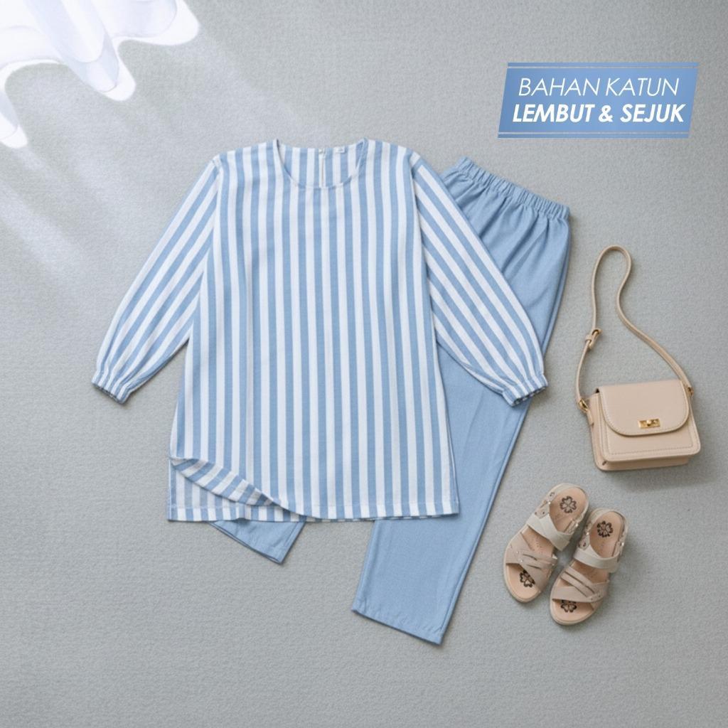 Baju Couple Muslim Koko Anak Laki Laki Setelan Tunik Muslim Motif Salur Anak Perempuan 3-13 Tahun