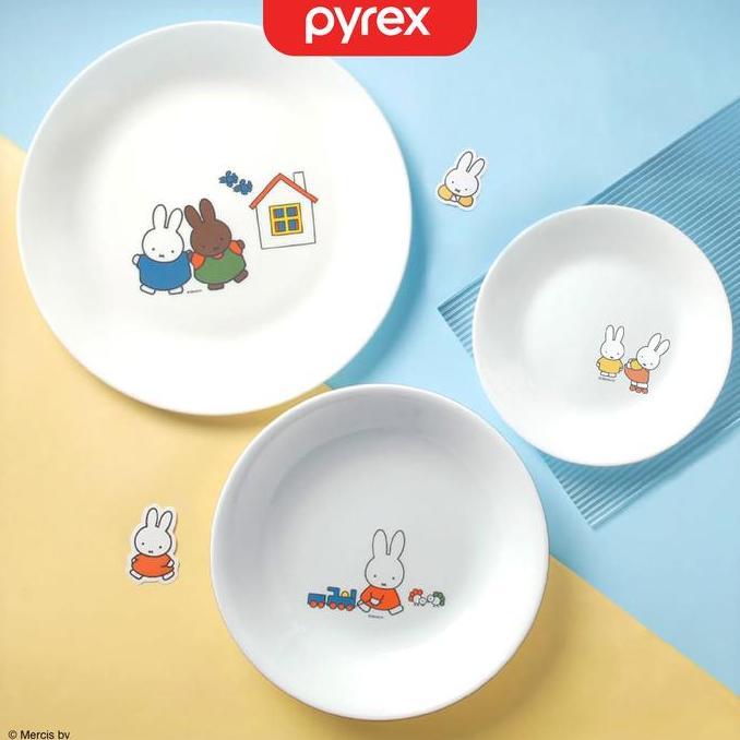 PYREX Miffy Set Piring & Mangkok Dinner 3pcs Milkglass Stylish Mudah Dibersihkan Permukaan Halus Mic