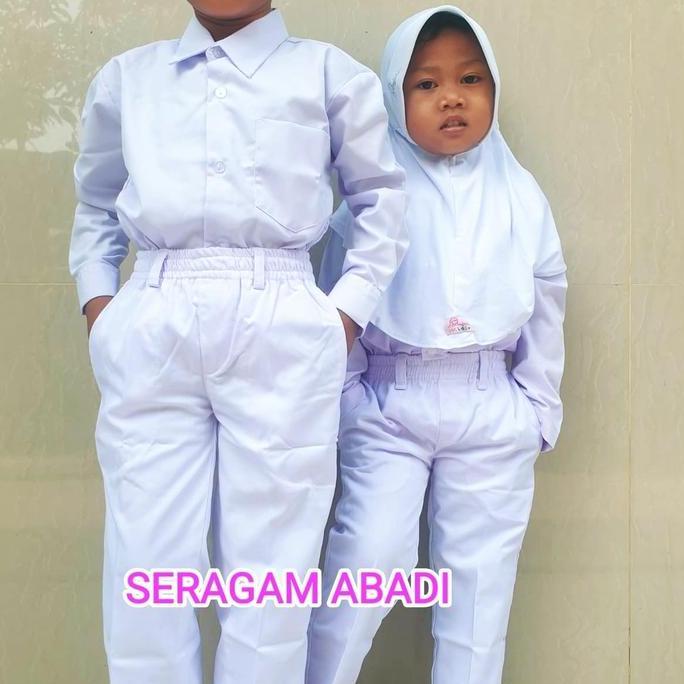 celana panjang putih sekolah tk, sd, mi pinggang full karet bahan navara japan drill