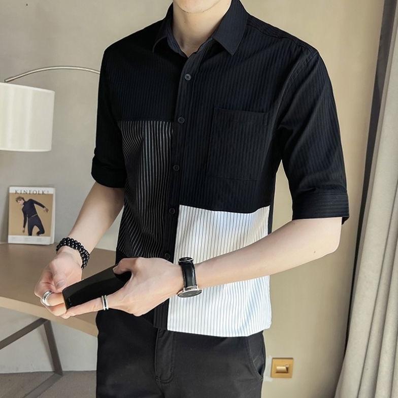 NEW Kemeja Pria Korean Style Garis Kontras Kemeja Kasual Lengan Pendek Fashion Pria Kekinian Slim Fi