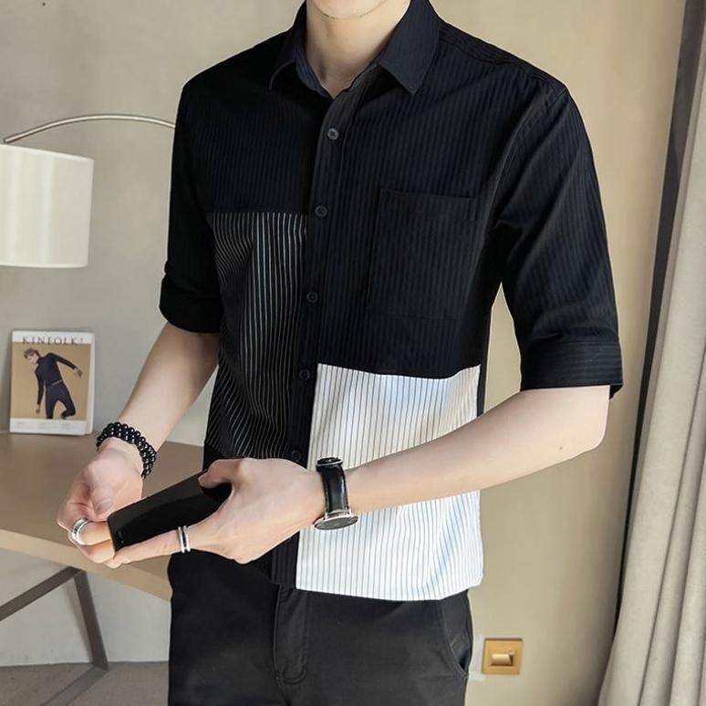 Discount Kemeja Pria Korean Style Garis Kontras Kemeja Kasual Lengan Pendek Fashion Pria Kekinian Sl