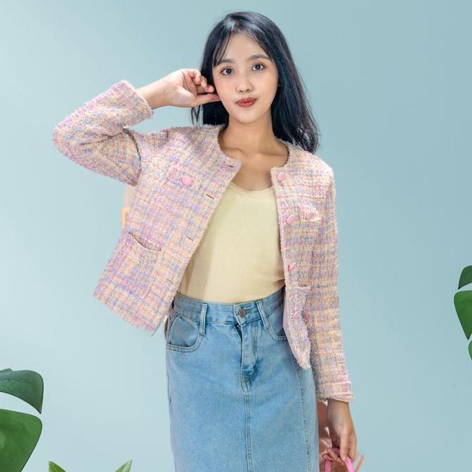 Momi- Folady - P456 Atasan Blazer Premium Tweed Rainbow Wanita Import | Korean Style, Semi Wool, Ful