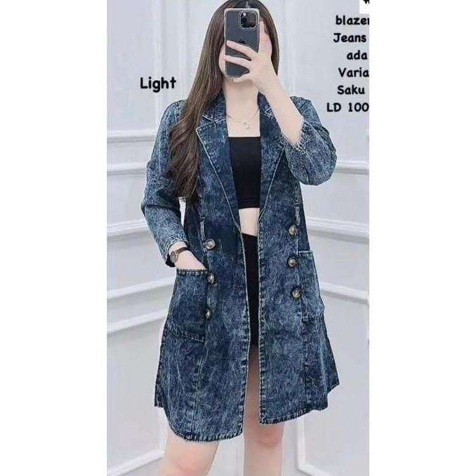 Momi- Long Blazer Jeans Tebal Lengan Panjang Varian Kancing Depan/Outer Tunik Jeans Bkk Kantong Lemb