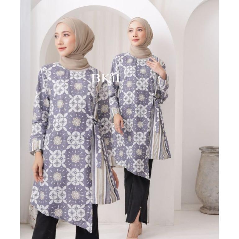 sale Atasan Wanita Tunik Batik Bunga Kerja Modern Katun Pink Biru Tali Resleting Belakang