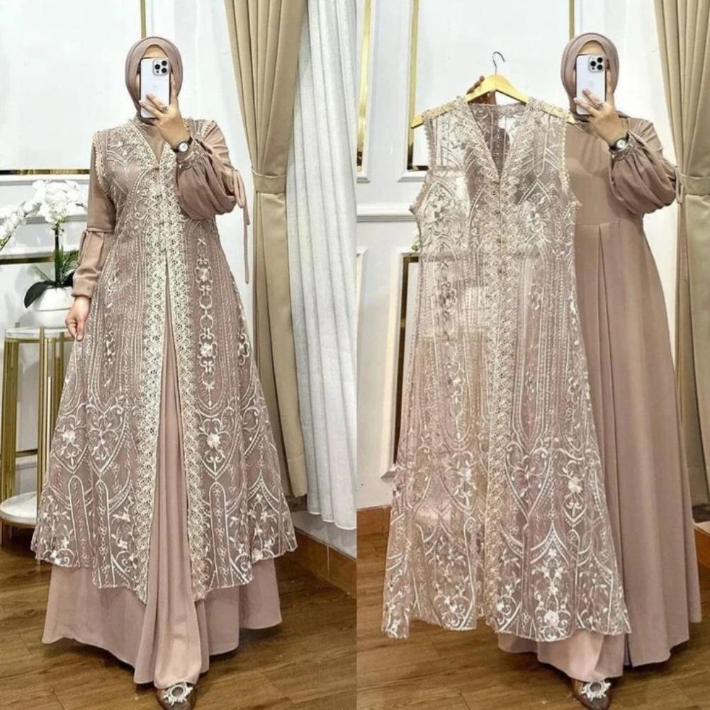 FREE ONGKIR GAMIS BROKAT NAURA DRESS 2IN1 BUSUI WUDHU FRIENDLY INNER CERUTY ADEM + OUTER BROKAT PREM