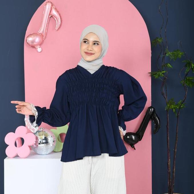 Mybamus Alaya Rubber Blouse Poplin Atasan Kerut Dada Renda Lengan Panjang Gingham Kotak Soft Yellow 