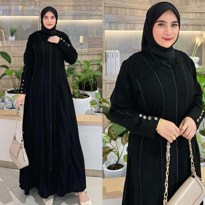 Murah GALERI SICANTIK - COD - Gamis Abaya Hitam Polos Tangan Kancing Full Resleting Kombinasi Payet 