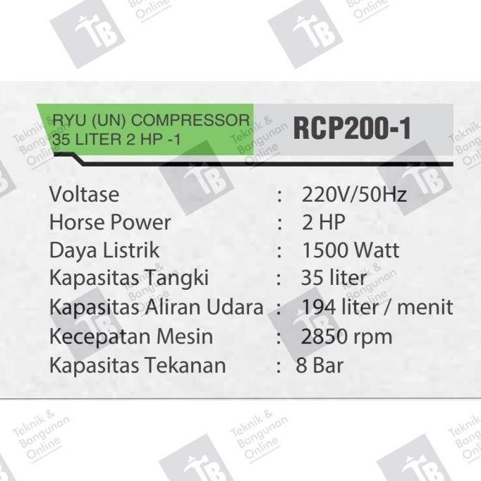 Promo Ryu Mesin Kompresor 35 Liter 2Hp 2 Hp / Ryu Compressor Rcp 200-1