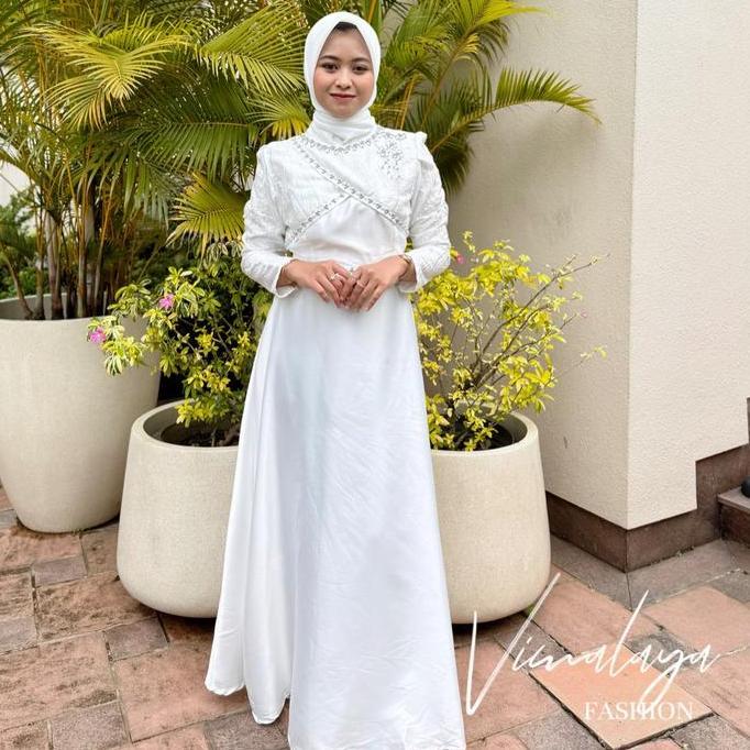 Gamis Putih Polos Satin Kombinasi Tile Bordir 76651 Baju Muslim Vima Lebaran