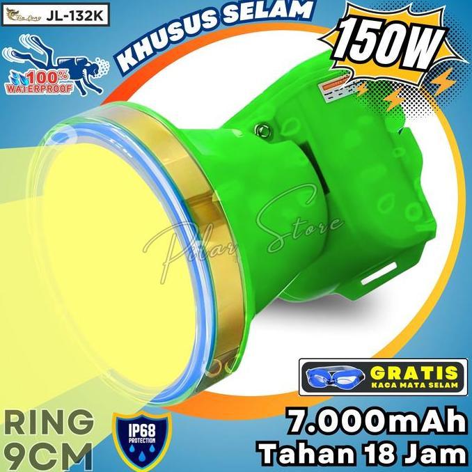 Murah Senter Kepala Selam 150 Watt Jinlong Jl-132 P/K/L Tahan 18 Jam (7000Mah) Senter Kepala Led Sup