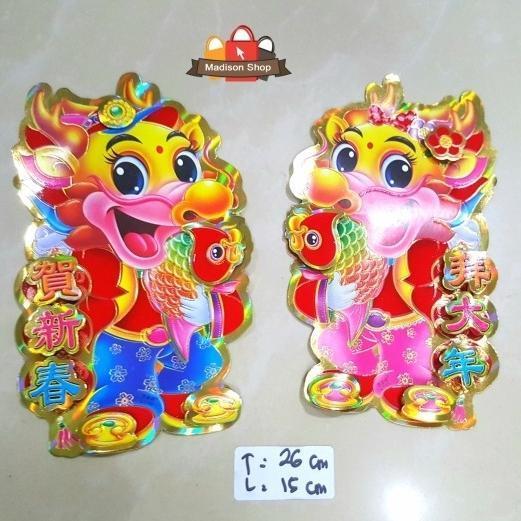 Stiker Imlek Naga Sepasang Kecil Dekorasi Fu Hoki Hiasan Parcel Jimat