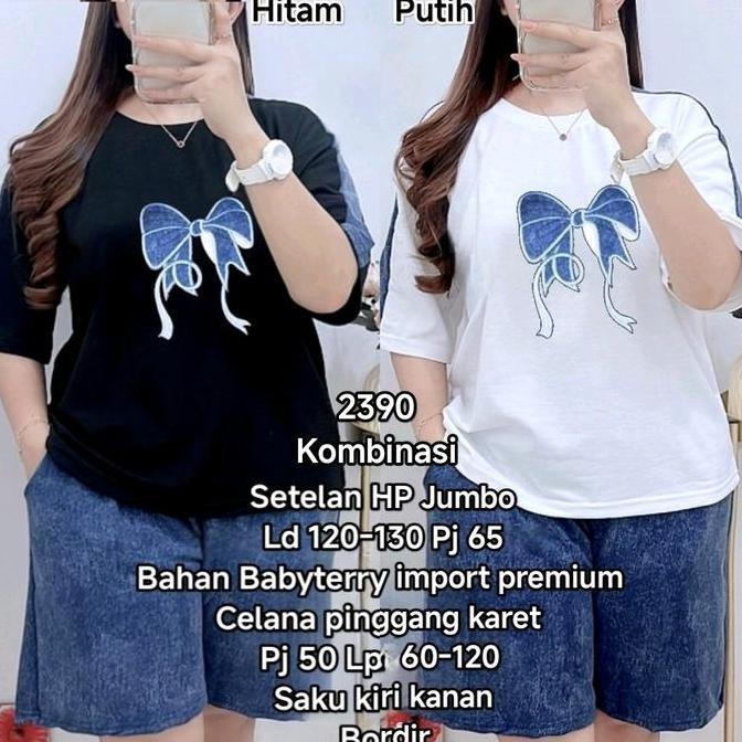 (LS) Setelan Pendek Size Jumbo Bordir Baju LD 120-135 cm Celana Pinggang Karet 60-120 cm Bahan Babyt