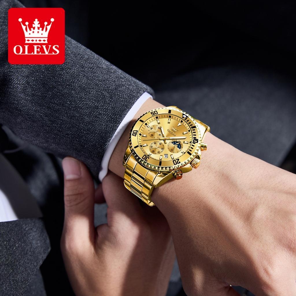 Olevs Jam Tangan Pria Anti Air Original Stainless Steel Chronograph Multifungsi Luminous Emas Men Wa