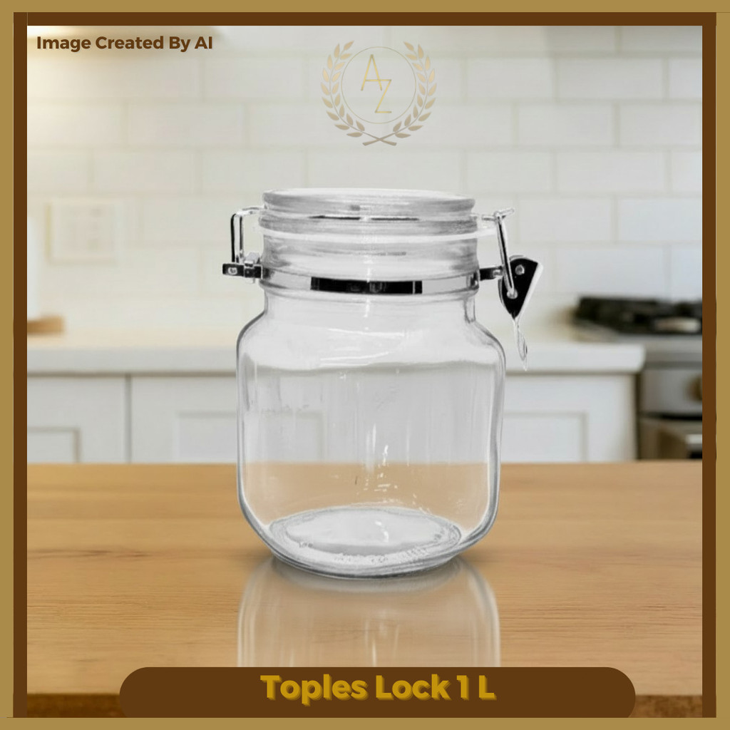 Toples Kaca Bening Tutup Lock Stainless Ukuran 1L/ Toples Kaca Dengan Penutup Kunci Dan Karet