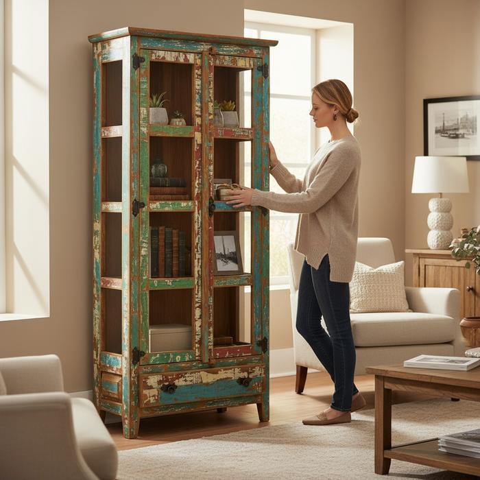 Lemari Display pajangan Kaca 2 Pintu Kayu Jati Cat Kapal Vintage