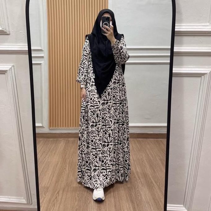Tania Dress Gamis Rayon Viscose Busui Friendly Tanpa Hijab Manset Karet Tangan Semi Balon