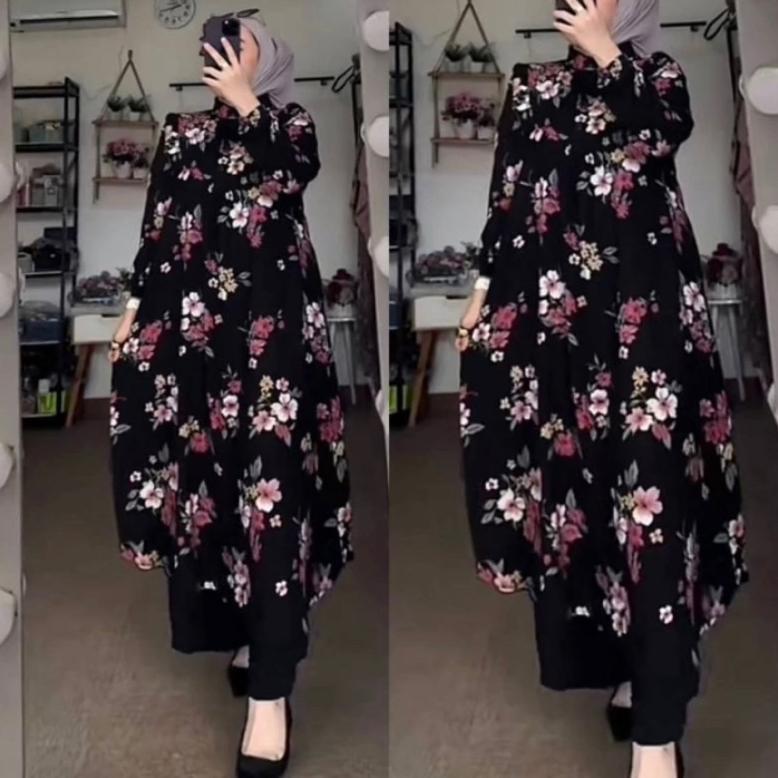 WAJIB PUNYA Setelan Long Tunik  Motif Bunga Jasmine Kecil Bahan Rayon Diamond Celana Cringkel