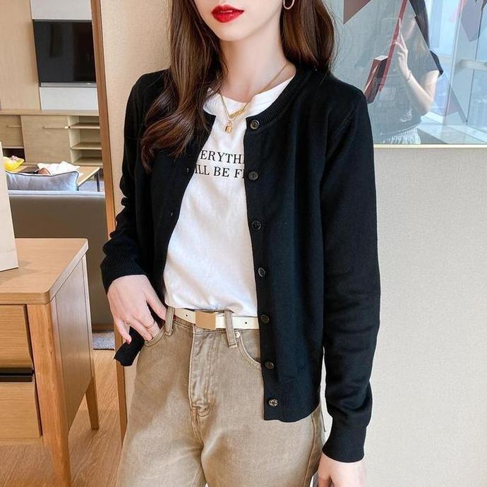 Kardigan rajutan tipis warna polos ramping lengan panjang serbaguna baru Knitwear Wanita Atasan Card