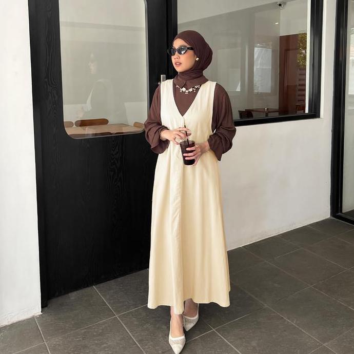 Yeppuoutfit Jiyeon Overall Long Dress - Outer Jumpsuit Basic Long Dress Muslim Berbahan Linen Twill 