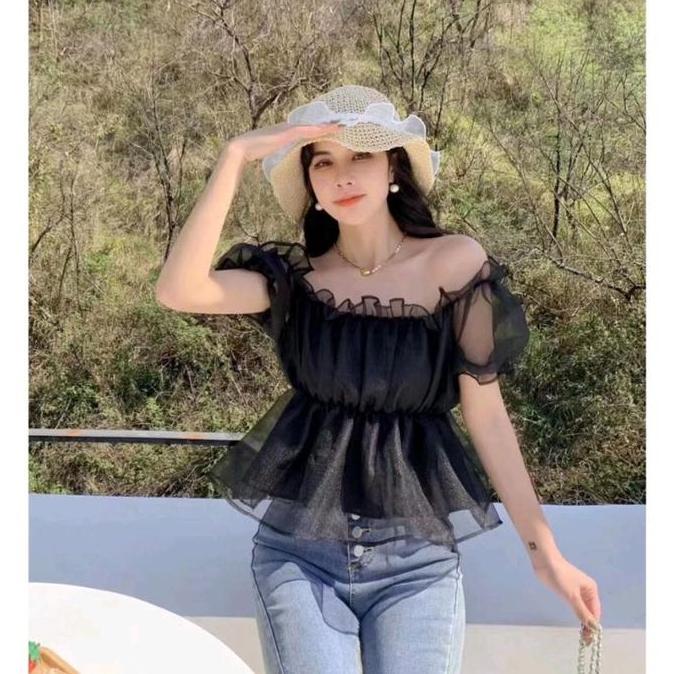 Atasan Top Sabrina Korea Style Lengan Pendek / Pakaian Wanita Lengan Pendek Kerut Kaca Organza 930 P